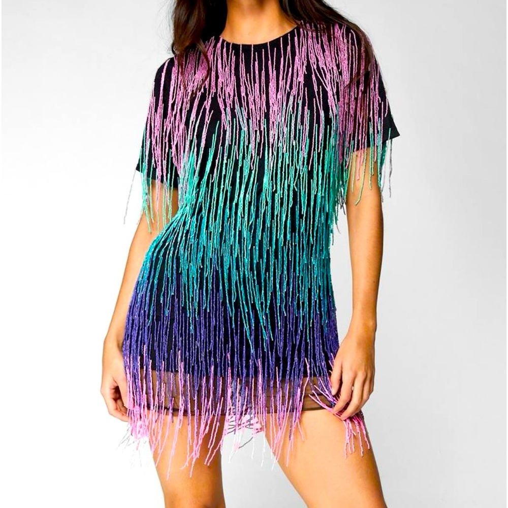 Nasty Gal - Rainbow Tassel Beaded Shift Dress, NWT, sz: 0 / XS, Mini Length